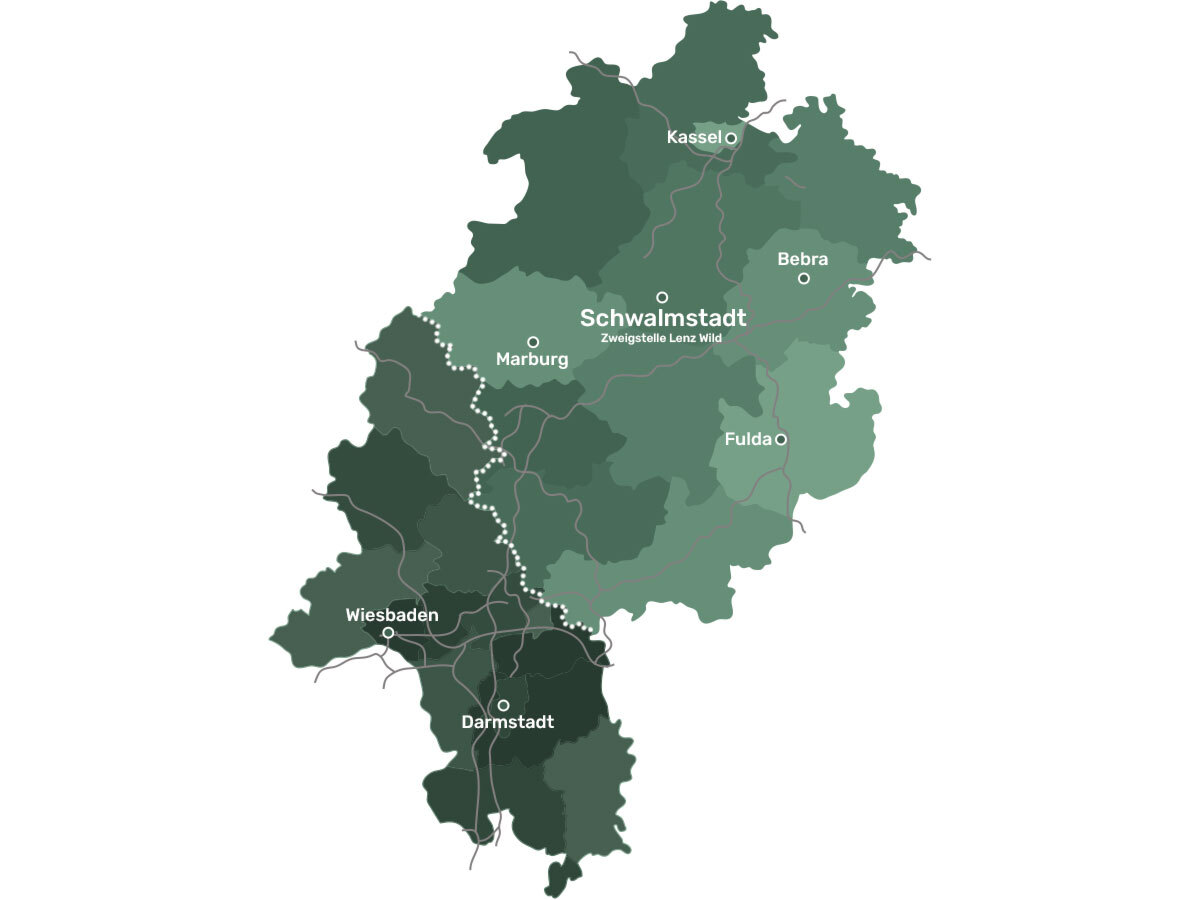 Karte von Hessen mit dem Wildaufkauf-Gebiet von LENZ WILD